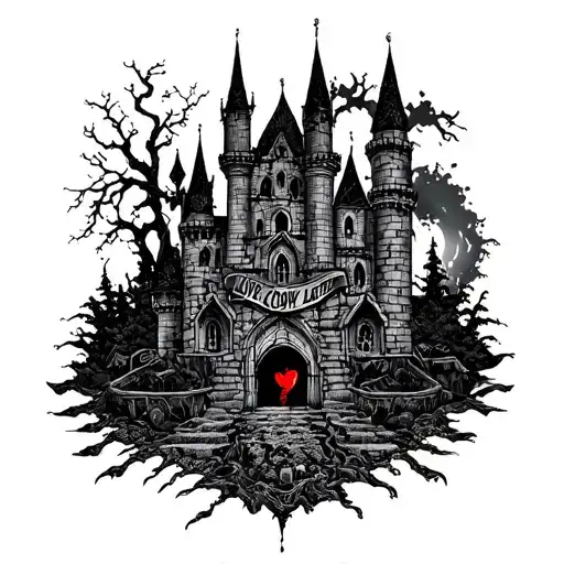 Love Now Cry Later moderate cyber sigilism dark castle tattoo design idea