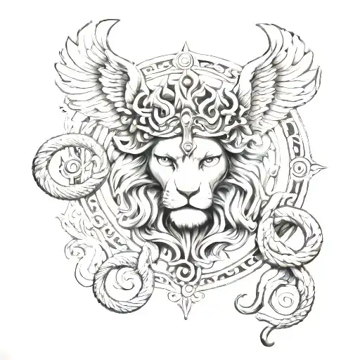 hermes greek god front of lion face wings symetrical snakes tattoo design idea