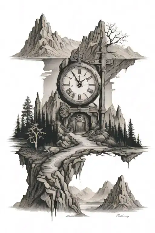 Perspective, Cross, Clock, Vertical tattoo,Mountain, Valley  tattoo design idea