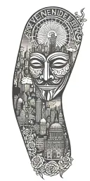 v for vendetta with city skyline in the background tattoo design idea