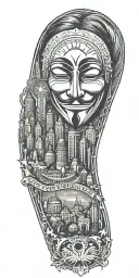 v for vendetta with city skyline in the background tattoo design idea