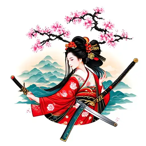 geisha leg sleeve with katana and sakura tree tattoo design idea