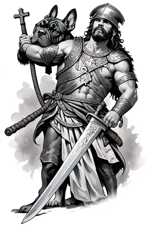 Roman soldier holding a sword and has a cross around his neck with a cane corso at his side  tattoo design idea