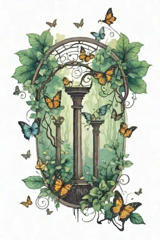 A serene forest scene with butterflies fluttering around, incorporating elements of calisthenics like pull-up bars or rings tattoo design idea