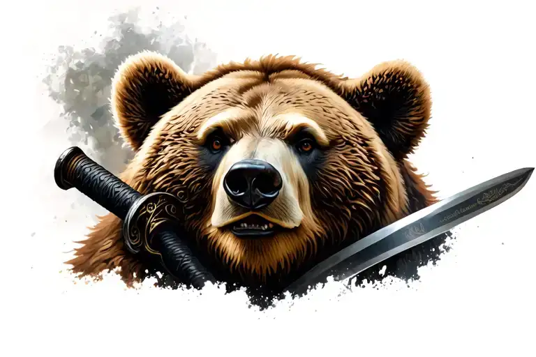 Russian bear looking straight katana blade wrapped tattoo design idea