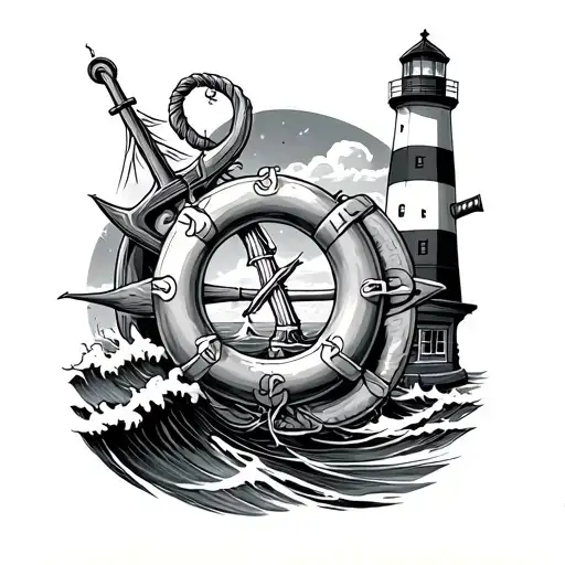 mash up of Coast Guard career incorporating elements of anchor, navigation buoy, life ring, lighthouse, wave tattoo design idea