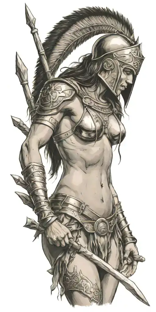 spartan woman, naked, full body, crying, holding a spear tattoo design idea