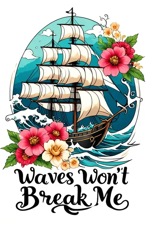 waves, ship, anchor, flowers, wine, "waves won't break me" Mother sailor tattoo design idea