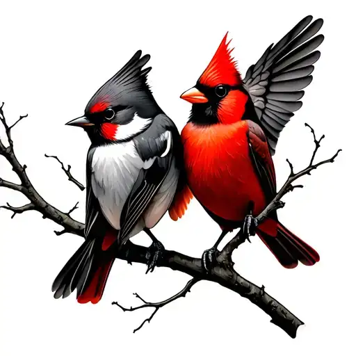A swallow and an red cardinal sitting on branches stretching towards tattoo design idea