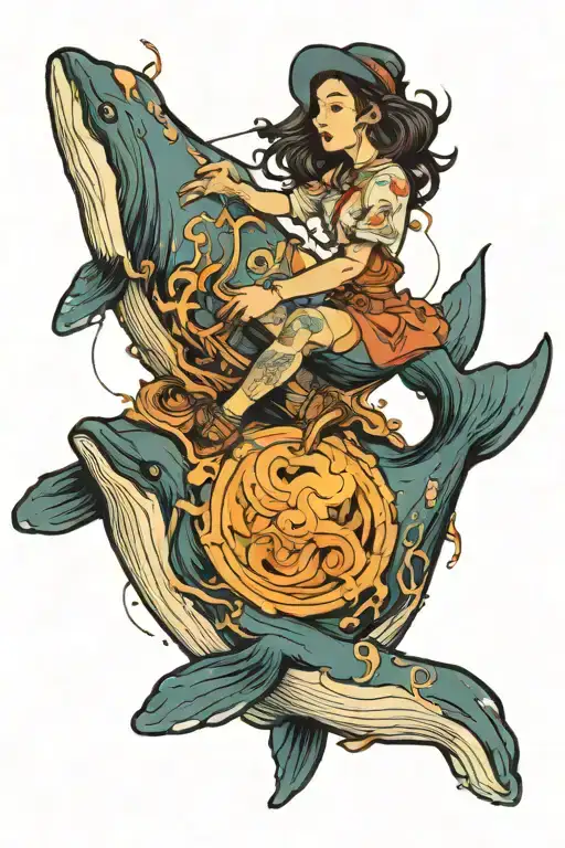 A girl is ridding whale in blackhole tattoo design idea