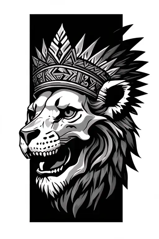 lion's skull wearing an Aztec crown tattoo design idea
