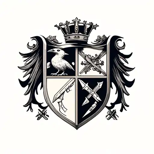 coat of arms shield split into four parts, and each part should have either a crow, crown, dagger, or roman numberal tattoo design idea