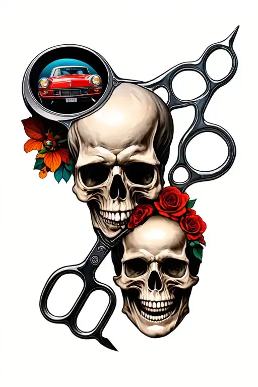 sleeve with different pictures scissors, car hot, skull, smiley and all this is connected by something with something tattoo design idea