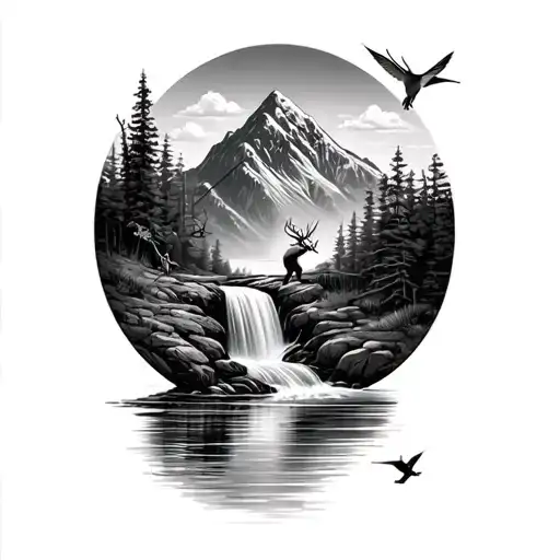 mountain with a water fall with a fly fisher catching a fish and a deer and humming bird in the background  tattoo design idea