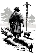 sleeve winding path starting at wrist with a shepherd’s staff standing tall in the middle. Silhouettes of sheep walking tattoo design idea