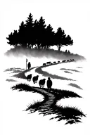 sleeve winding path starting at wrist with a shepherd’s staff standing tall in the middle. Silhouettes of sheep walking tattoo design idea