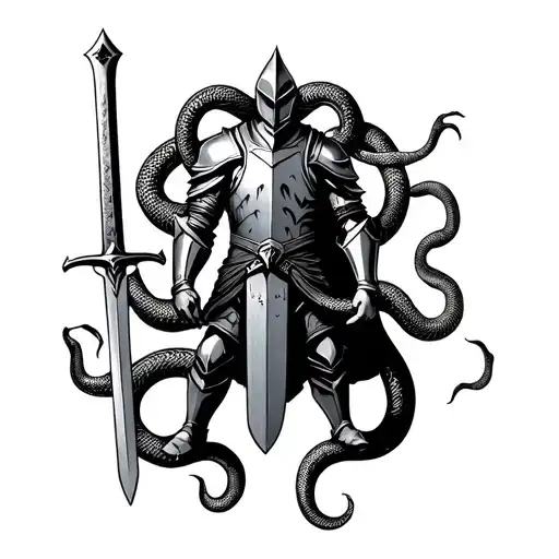 Standing Knight, sword, shield surrounded by snakes tattoo design idea