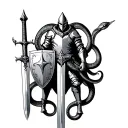 Standing Knight, sword, shield surrounded by snakes tattoo design idea