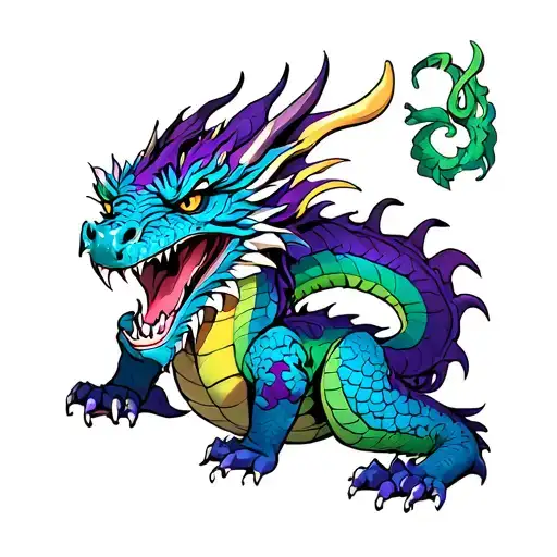 purple, blue, green dragon see/speak/hear no evil tattoo design idea