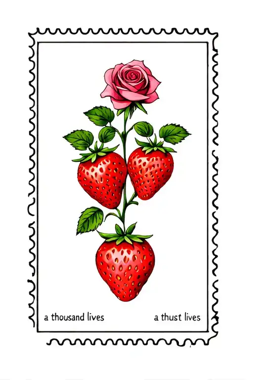 "a thousand lives" postage stamp with three strawberries and two roses tattoo design idea