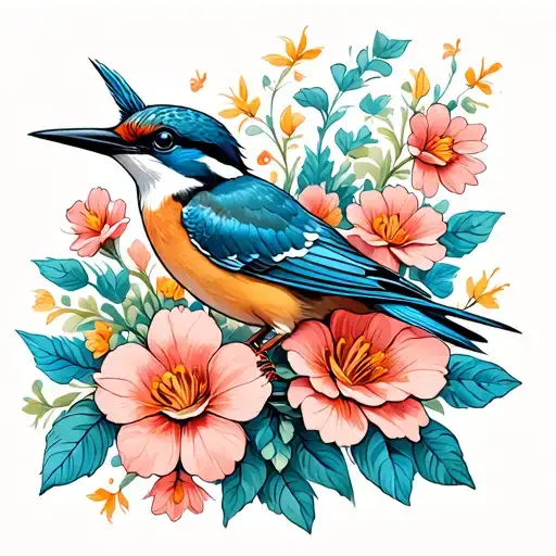 belted Kingfisher flowers surrounding tattoo design idea