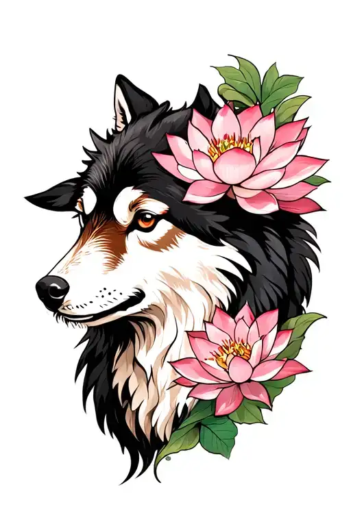 neo-traditional wolf sheep skin with lotus flowers tattoo design idea