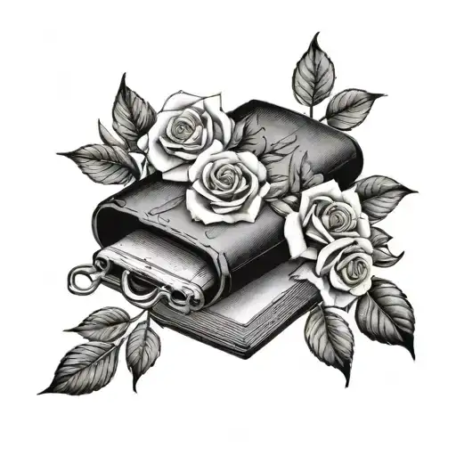 open book, car wrenches, olive leafs and roses tattoo design idea