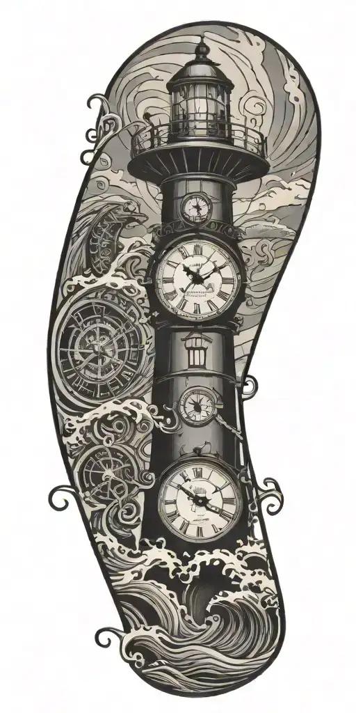 lighthouse waves crashing clock and jelly fish tattoo design idea