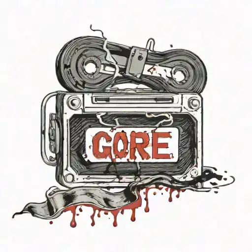 A bloody VHS tape with the word "GORE" written on the tape. tattoo design idea