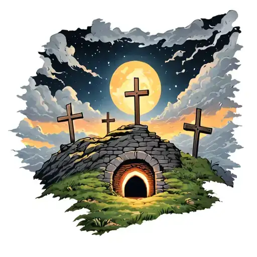Jesus empty tomb and 3 crosses on a hill dark sky filled tattoo design idea