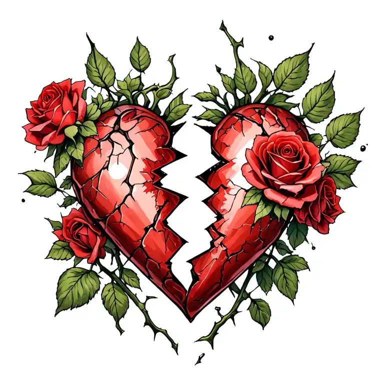 beautifully broken heart delicately damaged roses with stems and thorns taken tossed and torn with broken glass tattoo design idea