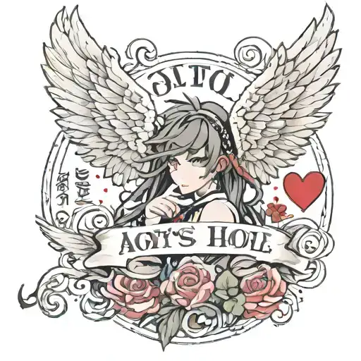 love with wings and a text "Aoi's Pussy hole" tattoo design idea
