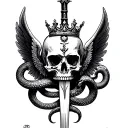 skull, dagger, wings, snake and crown made tattoo design idea