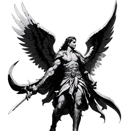 Archangel goes like a warrior with wings tattoo design idea