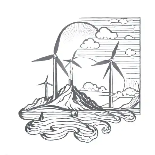one volcano island , wind turbines, sun shining tattoo design idea