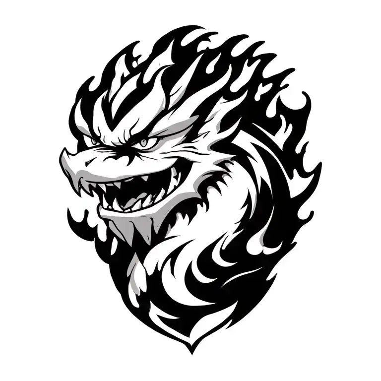 Bowser out of flames between neck an shoulder tattoo design idea