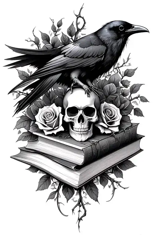 skull,raven, books, gothic, thorn vines, roses  tattoo design idea
