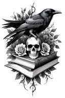 skull,raven, books, gothic, thorn vines, roses  tattoo design idea