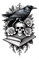 skull,raven, books, gothic, thorn vines, roses  tattoo design idea