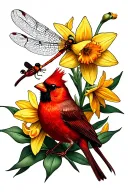 yellow daffodil with a dragonfly and red cardinal  tattoo design idea