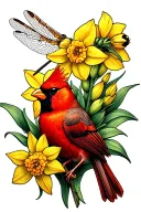yellow daffodil with a dragonfly and red cardinal  tattoo design idea