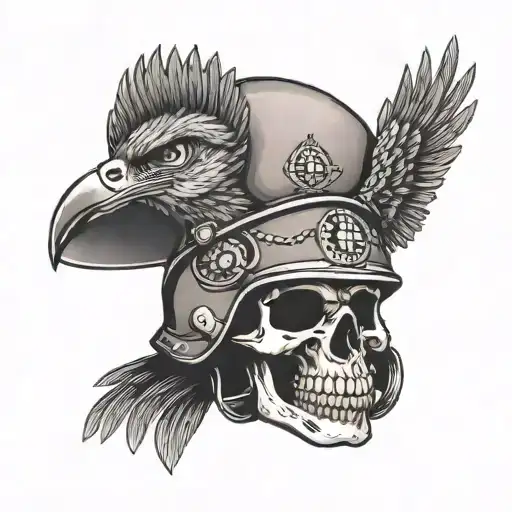 candy skull wearing m1 helmet. a brown eagle behind the skull and helmet.  tattoo design idea