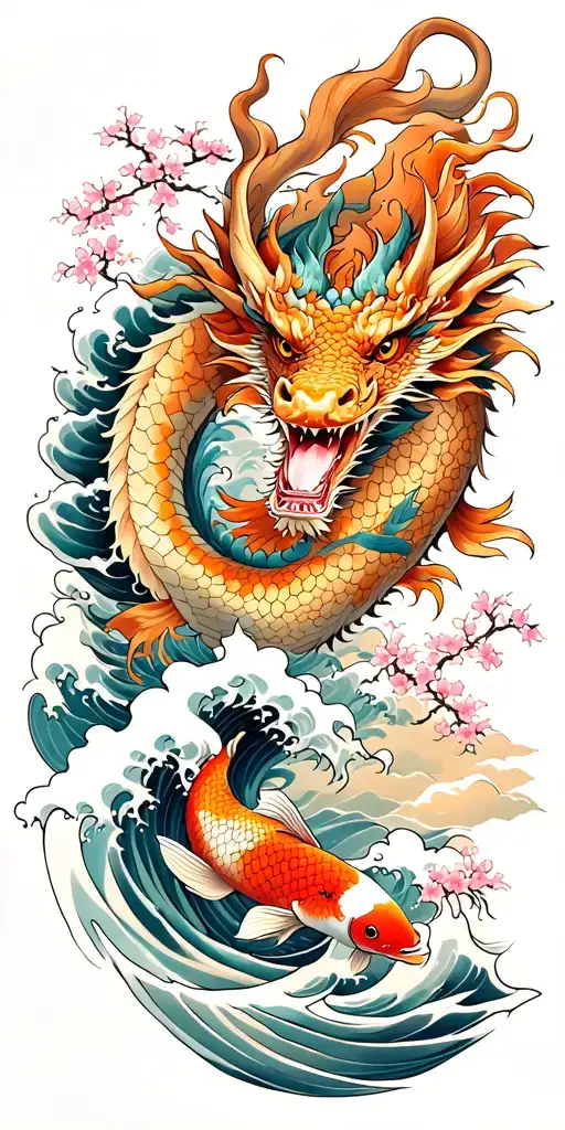 A fierce dragon emerging from the ocean waves with koi fish and cherry blossom trees in the background tattoo design idea