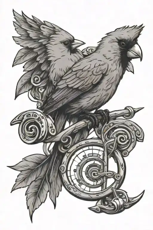 cardinal bird and horseshoe and music note and fishing pole and music note and poker cards tattoo design idea