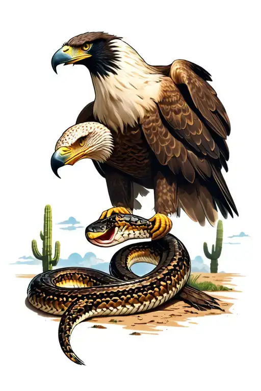 Mexican eagle eating snake with cactus in the background and cloudy skies  tattoo design idea