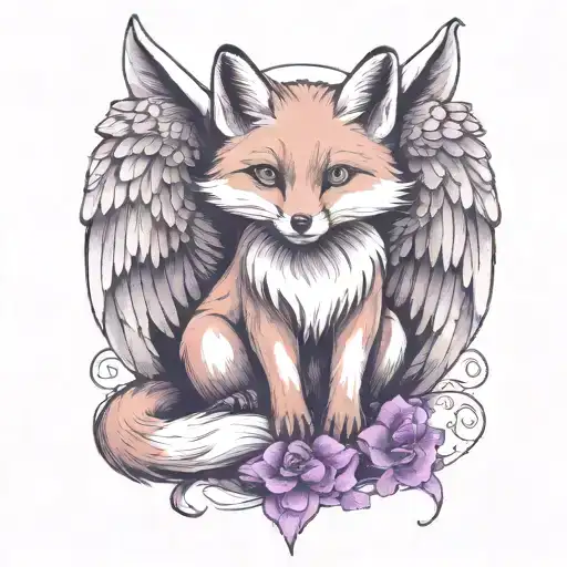small fox sitting  with angel wings wrapped evenly with purple butterfly tattoo design idea