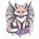 small fox sitting  with angel wings wrapped evenly with purple butterfly tattoo design idea