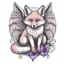 small fox sitting  with angel wings wrapped evenly with purple butterfly tattoo design idea