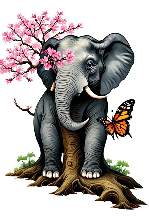 elephat with butterfly on trunk in front of a cherry blossom tree tattoo design idea