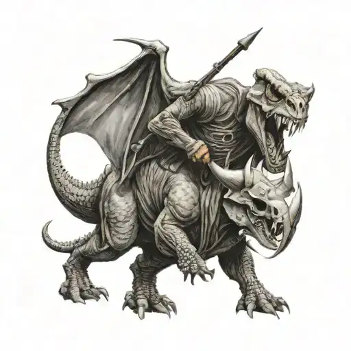 grim reaper holding a scythe riding a triceratops riding tattoo design idea